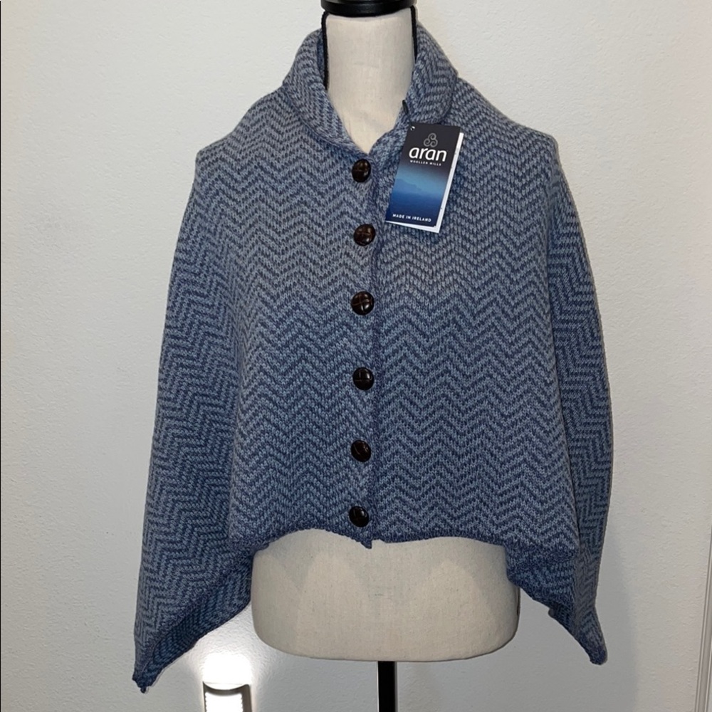 Aran Blue Button-Up Women's Poncho Sweater